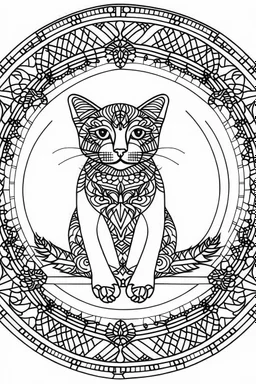 A simple minimalist coloring book mandala page drawing with thick black lines on a white background with no part touching the edges. Full length body of a kitten with no tail of the cat breed BORNEO BAY CAT. No shading. No gray. No shadows. No color. This coloring book page would appeal to children aged sixteen through adults and have clean lines for a design that is easy to color. Style raw. Aspect ratio 9:11