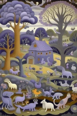 A grayish purple kingdom filled with animals painted by Edward Hicks