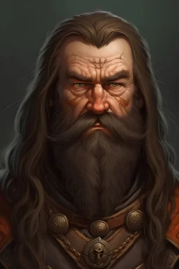 Portrait of a fantasy Warrior, no helmet, middle age, dwarf, long Brown hair