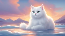 Draw me a picture in a realistic cartoon style of a white cat with soft hair in a beautiful sea setting with snowy mountains and a beautiful sunset, and the picture appears in the form of a children's story in many colors.
