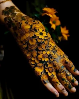 A dark gold garden filled with flowers designed Mehndi design painted by Vincent van Gogh