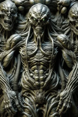 sculpture of Hercules standing , Multiple faces . decayed and rotting with grotesque proportions and imagery. abstract grotesqueries, detailed texture, surreal horror, biomechanical design, by hr giger and beksinski