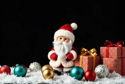 Create little Santa Claus with gifts and balls and black background