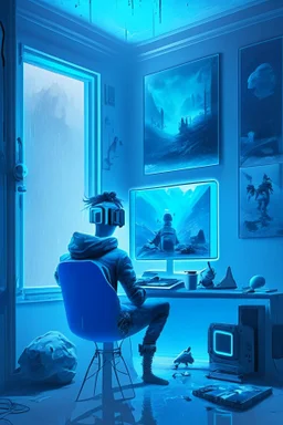 Metaverse artist 3d character seating in front of computer and make something on their screen wear VR Box a blue fog volume light coming from side window realistic interior with lot of technology gadgets some painting and poster on wall.
