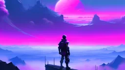 man Wanderer above the Sea of Fog in a synthwave dystopia add thick foreground fog purple sky