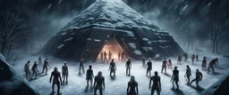 Hyper Realistic areal view of zombies outside a frozen pyramid at dark snowfall night