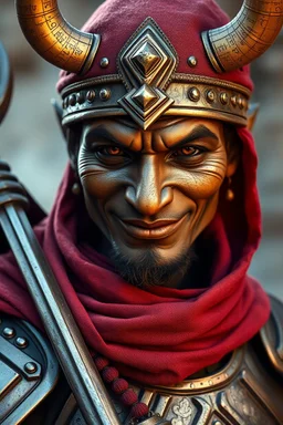 DHALSIM as lama thief in full armor. Close up portrait. Afraid to fail, afraid to dive within. But still smiling.