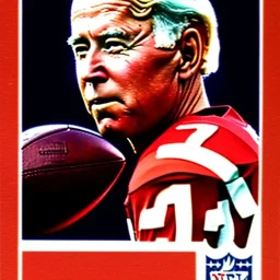 Full view Joe Biden as a football player trading card packet helmet, NFL logo, fleer 1975