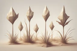 concept art of six low poly stylized alien dry single leaf tall grass on a neutral background. Strange fictional extraterrestrial flora with unusual shapes