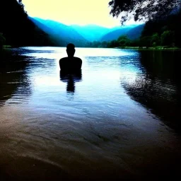 dark man shadow float in sky. scared people. river. river rock . valley . night