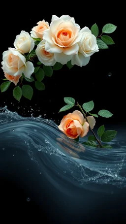 The image is a digital artwork that depicts a branch of tree of orange roses and leaves tangling in to a water in the river with aThe rose floats on the surface of the water, creating a wave-like effect. The background is black, which makes a branch of a tree of white roses stand out even more. Water droplets are scattered adding to the dreamy, ethereal quality of the image. The a
