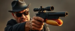 mean looking mafia thug with scoped hot dog hand gun
