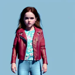 Zoey deutch toddler, full body, leather jacket, floral shirt, floral skirt, Nike sneaker, soft skin, city background, dramatic lighting, hyper realistic