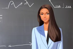 A pretty brown-haired, light-skinned woman in an elegant blue suit stands in a classroom in front of a blackboard with various charts and diagrams, in the sunlight