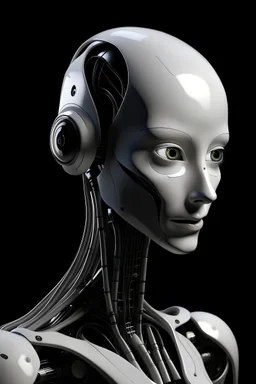 mujer alien robot con fondo negro, piel blanca, primer plano