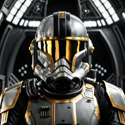 star wars bald male corellian pilot wearing gunmetal grey and black First Order special forces TIE pilot armored flightsuit and helmet with gold trim inside the jedi temple, centered head and shoulders portrait, hyperdetailed, dynamic lighting, hyperdetailed background, 8k resolution, volumetric lighting, light skin, fully symmetric details