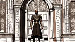 black king stands in front of huge door in mountain