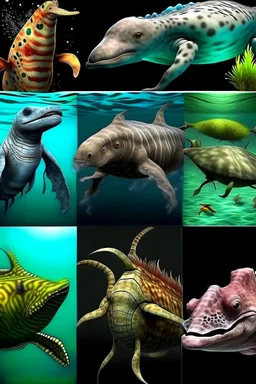 different variations of marine animals montage science book style