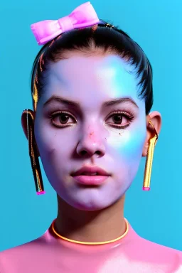 Ultra Realistic image, Rosalía artist, portrait, normal complexion, portrait, two bows with chopsticks hair , black eye long line, sweet face, t-shirt with holes, inflatable open coat, gold pink and blue style, spray line glow make up, big geometric led jewelry, fog, hot, inflatable style latex coat, vibrant color, highly detailed, art stations, concept art, smooth, unreal engine 5, god rays, ray tracing, RTX, lumen lighting, ultra detail, volumetric lighting, 3d, finely drawn, high definitio