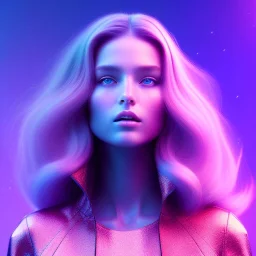 A portrait very beautiful woman , longs hairs, elegant, atmospheric, realistic, cinematic lighting, pink blue light, 8k, galactic atmosphere, flowers