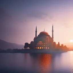 Sultanahmet standing back to back under sky, landscape lake, sunset, illustration concept art anime