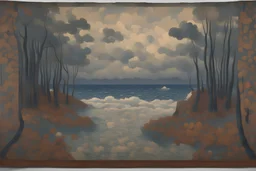 Charles Angrand HD tufting tapestry trompe-oil stormy forest shores islands, in empty room