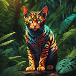 Imágen de arte lineal de un gato humanoide, en la selva, calidad ultra, hiperdetallado, 8k, colores complementarios