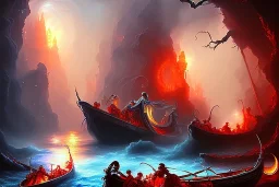 The red hot River Styx leading to hades, Charon, Impressionist brush strokes, high detail, dark dull color, Watercolor, greek fantasy,