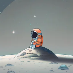 A whimsical digital illustration of a cartoonish astronaut, delicately rendered in soft pastel hues, sitting on a tiny, cratered moon, lost in thought as they stare out into the vast, starry expanse of empty space, their bright orange spacesuit a pop of color against the muted, celestial backdrop, with subtle texture and gentle shading adding depth to the minimalist composition, evoking a sense of wonder and contemplation, as if pondering the mysteries of the cosmos, amidst the eerie silence of