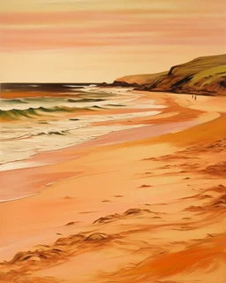 A light rosy orange colored beach near a cove painted by Edvard Munch