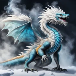 a sturdy colorful arctic dragon drake curly white fur, smokey breath and fire, claws, spikes along back, a long tail, moving forward towards viewer, wrapped in smoke