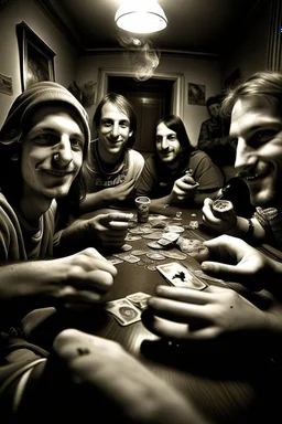 Jordan and some friends smoking and playing cards, davinci. Surreal. Agony face, smile, pain scream. Fish eye lense camera. Perfect composition.