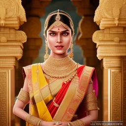 indian princess in a sari, in a temple, perfect composition, hyperrealistic, super detailed, 8k, high quality, intricate details, highly detailed