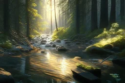 Create a hyper-realistic oil painting of a forest river scene with sunlight streaming through the trees