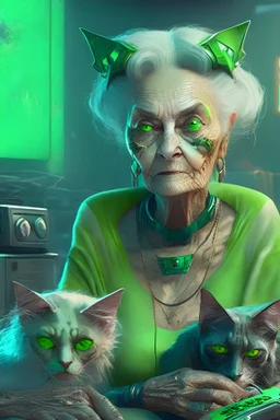 83 year old woman from Cyberpunk2077 universum with green eyes chilling with her cats and xbox