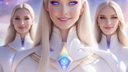 cosmic woman ,beautiful ufos rainbow, admiral from the future, galactic confédération, fine whole face, crystalline skin, expressive purple eyes,rainbow, smiling lips, very nice smile, costume pleiadian, Beautiful tall woman pleiadian Galactic commander, ship, perfect datailed golden galactic suit, high rank, long blond hair, hand whit five perfect detailed finger, amazing big puple eyes, mouth, high définition lips, cosmic happiness, bright colors