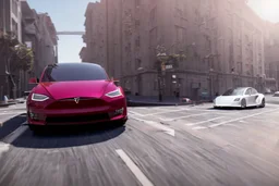 A Tesla 'Model S' is drifting at high speeds, on the streets of San Francisco. (CINEMATIC, WIDE ANGLE LENS, PHOTO REAL)
