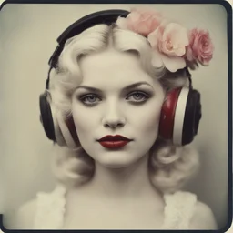 Grunge Polaroid head shot of doll-faced jean harlow, natural pouty lips, red nose, hair adorned with flowers, rosy cheeks and rosy nose, headphone