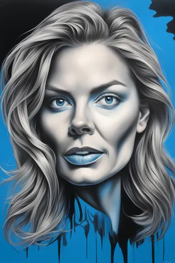 Over exaggerated caricature portrait drawing of Michelle Pfeiffer , pop realism, surrealism, smooth black and blue abstract background, 90s airbrush , cartoonist portrait, surrealist , fine art