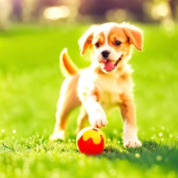 Cute puppy playing with his ball in the park.