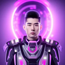 cute asian man in futuristic suits, black and white highlight hair color, pink and purple background, pink lighting, deep purple backlighting, gun, smoke