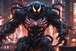 venom machine in solo leveling shadow artstyle, cyberpunk them, neon lights, full body, apocalypse, intricate details, highly detailed, high details, detailed portrait, masterpiece,ultra detailed,best quality