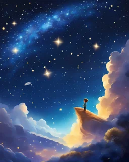 a little boy flying in the sky with a bunch of stars, the little prince, dream scenery art, space art, dreams are like poetry, the sky is full of stars, glittering stars scattered about, snining stars, sky full of stars, beauttiful stars, falling star on the background, many stars in sky, with a star - chart, falling stars