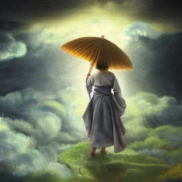 view from behind of japanese girl holding bamboo umbrella and looking at a stormy sky with rays of sunlight breaking through center of stormy sky, 8k, high-quality, ultrafine-detail, intricate, digital painting, brian froud, howard lyon, selina french, anna dittmann, annie stokes, Greg Rutowski