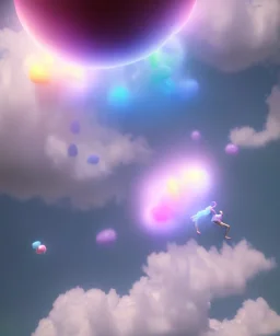 Ultra realistic speed clouds sky scene, wide angle view, sweet childs falling down, inflatable color clothing, free jumping flying, many trinkets, hair monster, many jelly beans, balls, color smoke, smile, happy, circus style, extreme, wind, clouds sea, 20,000 feet altitude, stratosphere, soft color, highly detailed, unreal engine 5, ray tracing, RTX, lumen lighting, ultra detail, volumetric lighting, 3d, finely drawn, high definition, high resolution.