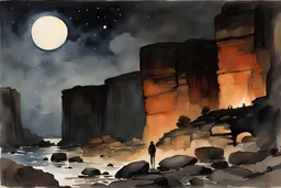 Night, rocks, cliffs, mountains, sci-fi, fantasy, winslow homer watercolor paintings