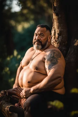 close up photography of a marocan 50 years old seated on a tree trunk in the wood, burly chubby muscular overweight, with opened shirt on manly chest, white bulging boxer, shirtless, hairy , golden hour, tatoo, Cinematic, 35mm lens, f/1.8, accent lighting, global illumination, frontal view from the ground