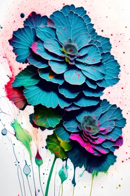Begonias. Colored ink, poured and spattered, on paper, center on canvas, clear margins, hd, 8k, sharp focus