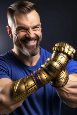 A sporty looking man with a grin on his face while holding Thanos' gantlet K's infinity gauntlet has six infinity stones