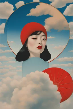 minimal,psycho art,cloud in blue sky, a red lip, collage art, shuji terayama, dreamy objects, surreal, criterion collection, showa era, intricate details, mirror